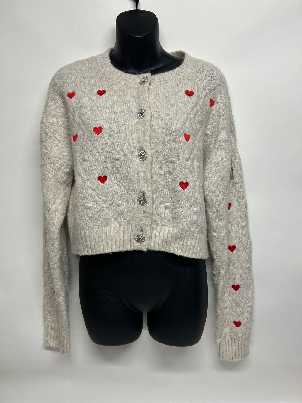 Cozy Cream Cardigan Sweater with Red Heart Embroidery size medium
